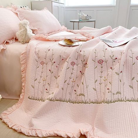 Couverture d'été en coton et Tencel, motif brodé élégant, couleur unie rose, dimensions 245x250cm, légère et rafraîchissante pour la maison. (1/4)