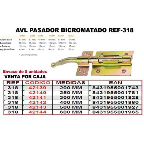 FPLUS pasador bicromatado 318/40cm. , Pasador 318
- Medida: 400 mm.
- Bicromatado.
- Para colocar en puertas, ventanas, etc.
- También puede ser usado como cerrojos, pestillos y co