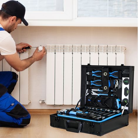 Set di attrezzi 40x30x14 cm, cassetta con superficie in alluminio, 16 scomparti organizzati, acciaio al carbonio, blu (1/5)