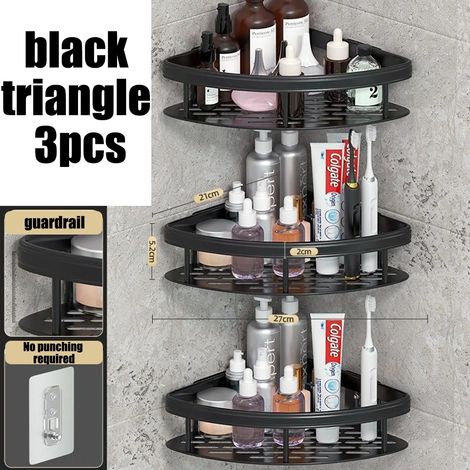 (Noir - Lot de 3) Étagère d'angle rectangulaire murale pour salle de bain, porte-serviettes, étagère murale pour douche, porte-shampoing, étagère trépied sans perçage (1/5)