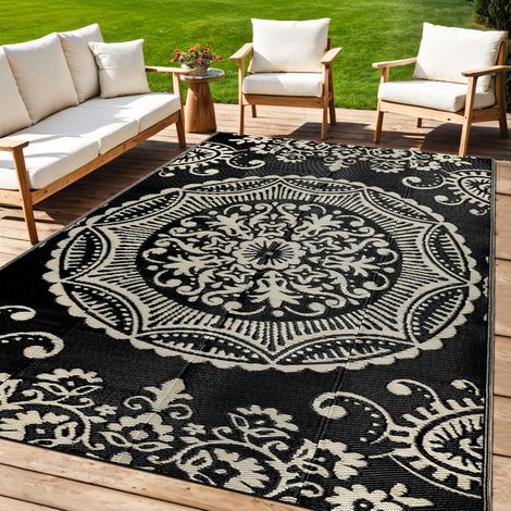Tapis d'extérieur imperméable réversible en paille de plastique à motif floral bohème pour camping-car, remorque, balcon, pique-nique, décoration - 150 x 245 cm (1/5)