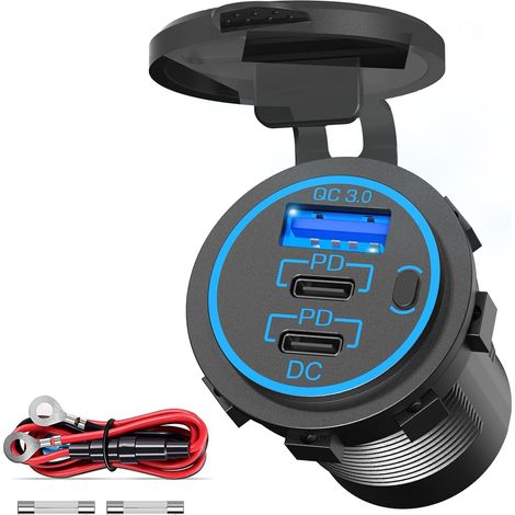 Prise Chargeur de Voiture 96W, 12V/24V 3 Ports USB (2 PD 3.0 + QC 3.0)– Affichage LED Tension, Interrupteur Étanche – Charge Rapide Smartphone GPS – pour Moto Bateau Camion Camping-Car (1/5)