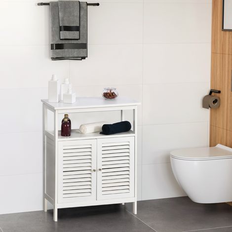 Meuble de Salle de Bain Imperméable avec 2 Étagères et Cabinet MDF Blanc (1/5)