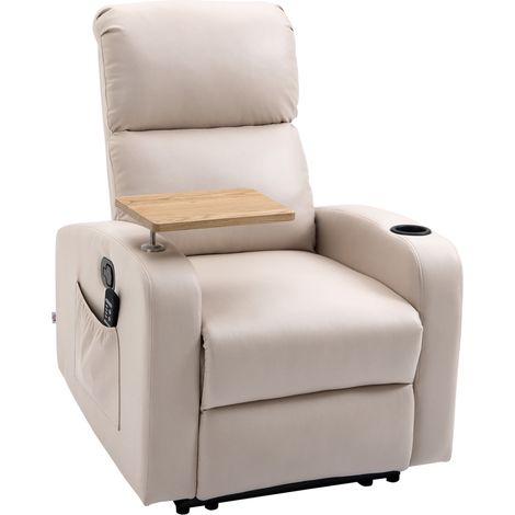Fauteuil relax inclinable avec fonction massage, table pivotante et télécommande, microfibre beige (1/5)