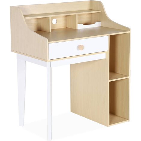 Children's desk with drawer and shelves, Edgar, White and Natural, 80x50x96 cm