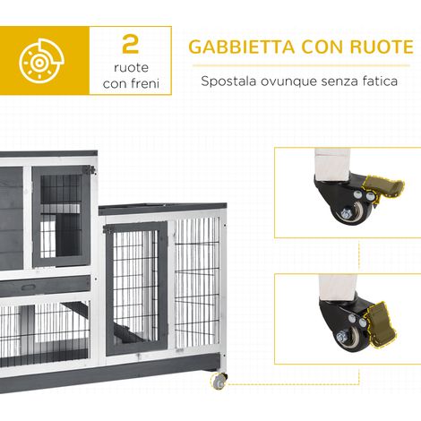 Cage lapin bois blanc gris 110x50x88 cm avec roulettes, tiroirs coulissants, maisonnette et rampe (1/5)
