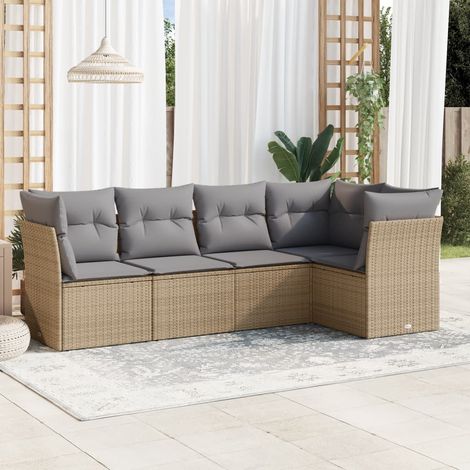 Ensemble de canapé de jardin 5 pièces avec coussins, en polyrotin beige (1/3)