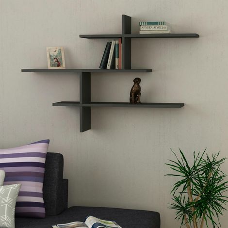 Étagère murale design effet bois gris - 3 plateaux croisés MARFA (1/5)