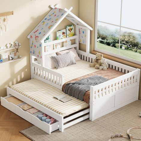 Lit cabane enfants en bois 140 x 200 cm avec lit gigogne 90 x 190 cm,3 tiroirs et grilles de sécurité,cadre de lit enfant avec sommier à lattes,blanc (1/5)