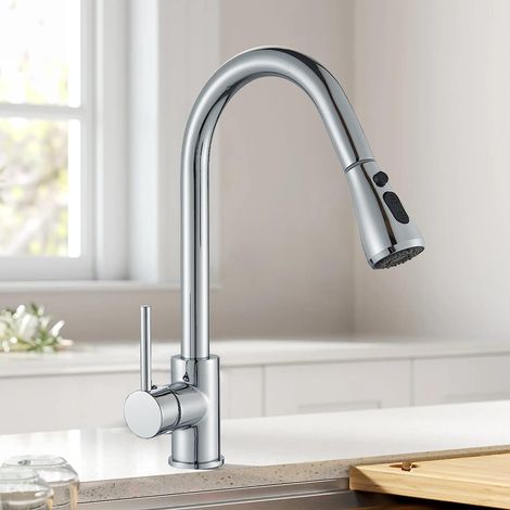 Kitchen Sink Taps 360° Swivel Kitchen Faucet Single Handle Single Lever High Arc Kitchen Mixer Tap with Pull Out Sprayer with 2 Modes Spray