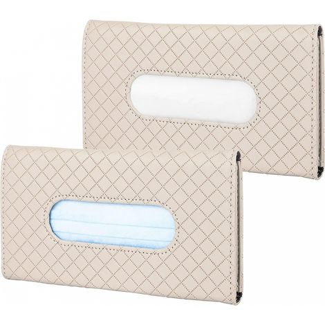 BEBUSINGOTO Caja de pañuelos para coche (2 unidades), portapañuelos, parasol, dispensador de mascarillas de piel sintética (23 x 13 cm) - Beige (1/5)