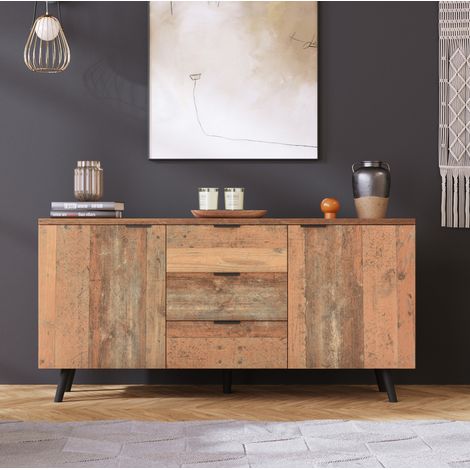Mueble TV 140 x 35 x 70 cm con 3 cajones, estantes regulables, marrón vintage OKMYHOME (1/5)