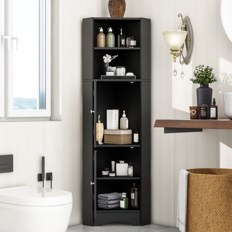 Meuble d'angle noir pour salle de bain, 2 étagères, niche ouverte avec tablette ajustable, 36,5 x 36,5 x 155 cm