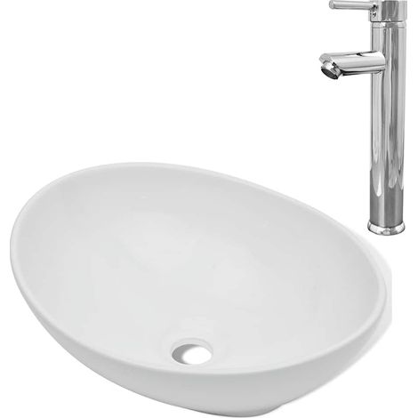 Lavabo de salle de bain avec mitigeur Céramique Ovale Blanc