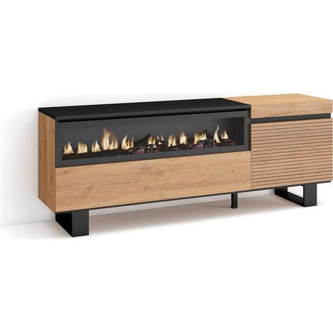 Skraut Home – Meuble TV avec rangement 150x35x57cm – Pour TV jusqu'à 65" – Cheminée électrique – Design industriel chêne et noir (1/5)