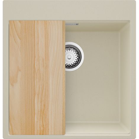 PRIMAGRAN Evier Cuisine en Granit 48x50cm,Lavabo 1 bac + Kit de Vidage + Planche à Découper, Évier à Encastrer au meuble 50cm - Oslo, Beige (1/5)