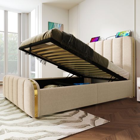 Letto imbottito 90/200 cm beige di tessuto lino con contenitore idraulico e USB-C (1/5)