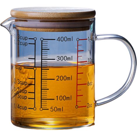 1 Tasse à Mesurer en Verre, Bec Verseur en V, Échelles Claires, Poignée Ergonomique, Couvercle en Bois, pour Cuisine, Pâtisserie, Boissons (1/5)