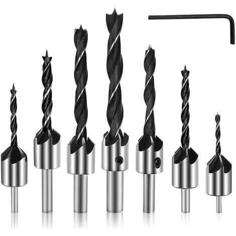 Anfasbohrer-Set, Senkbohrer, 3, 4, 5, 6, 7, 8, 10 mm, mit verstellbarem Sechskantschaft, zum Bohren von Löchern in Holz, Kunststoff und Weichmetall (1/5)
