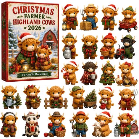 2D-Adventskalender mit Hochlandrindern 2026 – 24 Fächer – braun, rot, grün – Kunststoff – Maße: 27 x 19 x 4 cm – Weihnachtsbaumschmuck-Set mit Hochlandrindern – geeignet für die Weihnachts- und Weihna (1/5)