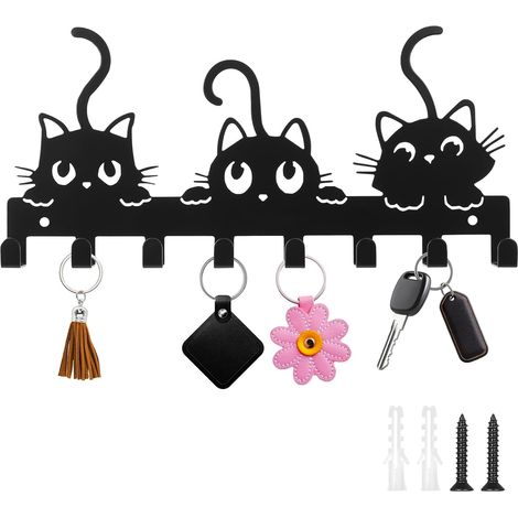 Porte-clés mural moderne à 8 crochets, motif chat, pour ranger vos clés au salon ou en cuisine. (1/5)