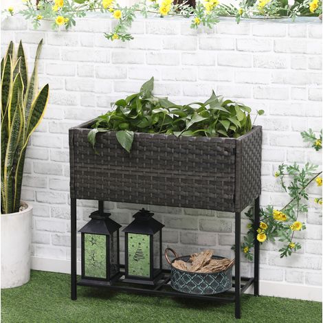 Jardinera elevada de ratán con estante marrón OKMYHOME (1/4)