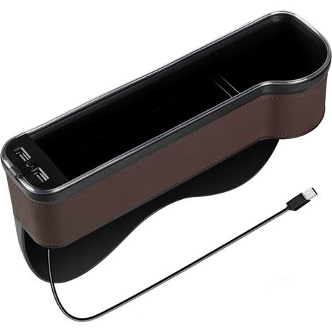(Marron, à droite, 1 pièce) Organisateur de voiture avec LED colorées, combleur d'espace pour siège auto, double port USB de charge, boîte de rangement en PU avec porte-gobelet.