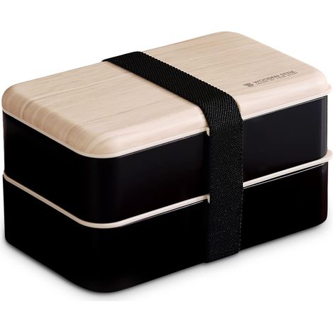 MINKUROW Lunch Box, Lunch Box Con Posate A 2 Strati, Bento Giapponese Per Bambini O Adulti, Per La Scuola O Il Lavoro Con Coltello E Forchetta (Nero) (1/5)