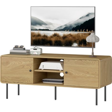 TV-Ständer aus Eiche, 120 x 40 x 50 cm, für Fernseher bis 55 Zoll, mit 2 Türen, 2 offenen Regalböden und Stahlbeinen