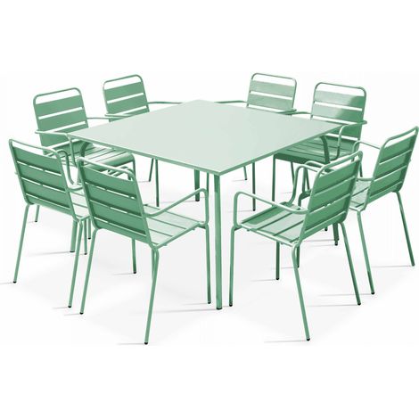Ensemble table de jardin carrée et 8 fauteuils en métal vert sauge - Palavas