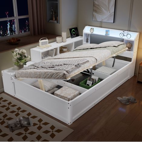 Lit coffre 120x200 cm en bois blanc avec LED, station de charge et rangements ouverts, sans matelas (1/5)