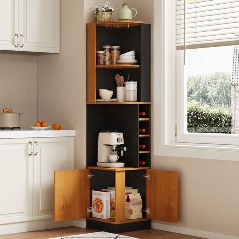 Credenza angolare per vini 40x40x182 cm, con portabicchieri, vani portabottiglie, MDF nero (1/5)