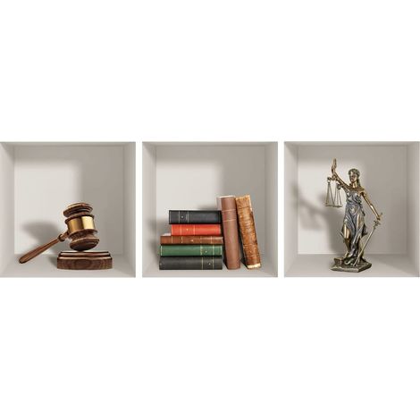Stickers adhésifs 3D Sticker Mural Autocollant effet 3D statuette marteau et livres - Stickers muraux Chambre - Stickers muraux 3D - Déco Salon - Autocollants muraux Trompe l'oeil 30x90cm