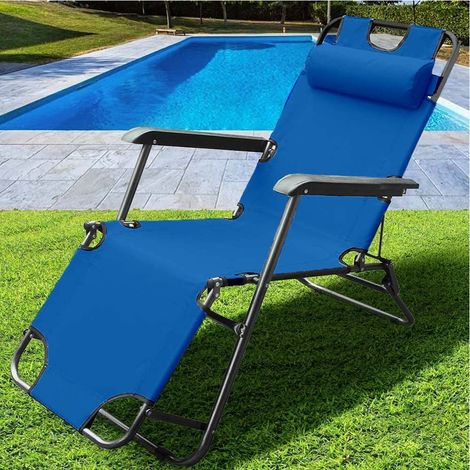 BAKAJI Sedia Sdraio Reclinabile in Lettino Prendisole Esterno Giardino Poltrona Relax Pieghevole in Metallo e Tessuto Oxford Traspirante con Poggiatesta Imbottito Terrazzo Piscina Spiaggia (Blue) (1/5)