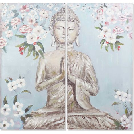 Tableau Bouddha zen peint main pour intérieur paisible - Bleu ciel avec touches de beige floral (1/3)