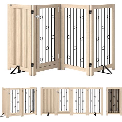 Freistehendes Haustiergitter mit Tür, 4 Paneele, MDF und Stahl