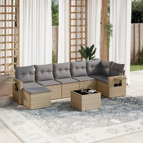Ensemble Salon Jardin 8 Places Résine Tressée Beige avec Coussins Gris - Canapé d'Angle, Sièges et Table Verre Trempé (1/5)
