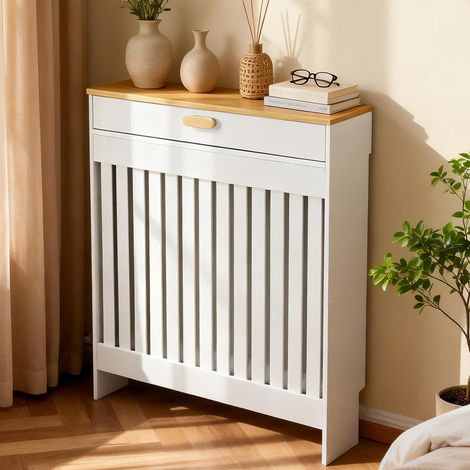 Large Radiator Cover with Storage Drawer White Oak Finish Vertical MDF Cabinet, Small 78.5 x 19 x 95.5cm (1/5)