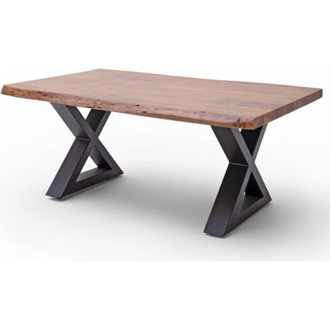 Table basse en bois d'acacia massif noyer / acier anthracite - L.110 x H.45 x P.70 cm -PEGANE- (1/4)