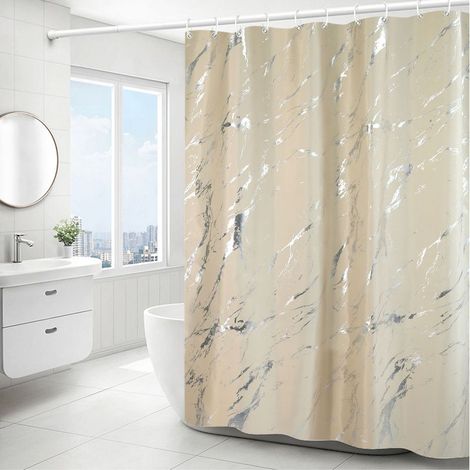 (Beige) Schlichter Duschvorhang in silbermarmorierter Optik – 180 x 180 cm, maschinenwaschbarer Duschvorhang aus Polyester mit beschwertem Saum und 12 Haken, Duschvorhang für Badewanne und Badezimmer (1/5)