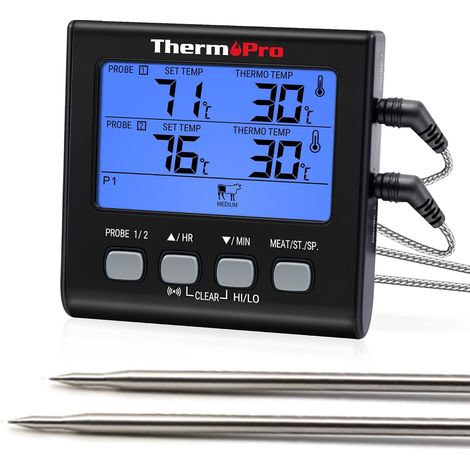 ThermoPro TP17B Thermomètre pour Viande Numérique à Double Sonde avec Grand Écran LCD Rétroéclairé Thermomètre de Cuisson Barbecue Grill Four Cuisine Fumoir avec Minuteur (1/5)