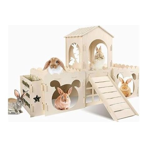 Maison en bois pour cochon d'Inde, hamster, lapin, nichoir pour petits animaux, avec plateforme et escalier comme cachette, pour l'intérieur et l'extérieur, article multifonction aspect bois (1/2)