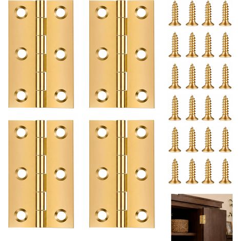 Lot de 4 Charniere Porte, Lot Charnières Porte Pliables Laiton en laiton doré 5 x 3 cm avec 24 vis, durable et résistantes, idéales pour portes de tiroirs, meubles, de bricolage maison (1/4)