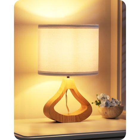 EDISHINE Nachttischlampe Holz, Tischleuchte mit Leinen-Lampenschirm und Holzsockel in Flaschenform, E27 Fassung mit 2700K LED-Birne, 34 cm, Moderne Tischlampe für Wohnzimmer und TV-Schrank, Weiß