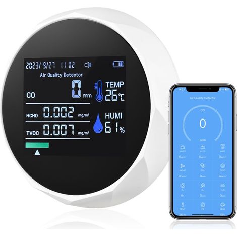 Monitor de calidad del aire , detector de contaminación del aire interior 5 en 1, CO2, formaldehído (HCHO), TVOC/AQI, con sensor de temperatura y humedad NDIR. (1/5)
