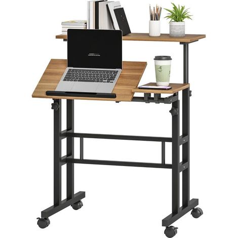 Sitz-Steh-Schreibtisch, höhenverstellbarer Schreibtisch 70 x 60 cm mit Rollen, neigbarer Tischplatte, braunes Metallgestell