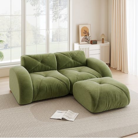 Canapé 2 posti modulare in chenille verde con pouf, design senza struttura (1/5)