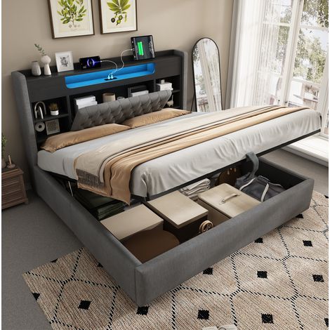Letto contenitore 140x200 cm grigio in lino con LED, USB e testiera con mensole (1/5)