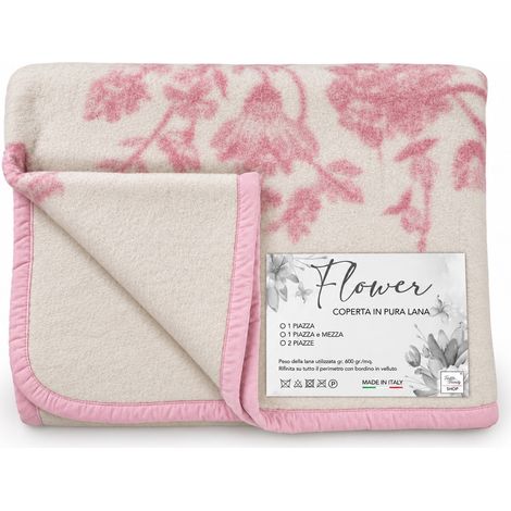 Coperta Flower Rosa in Pura Lana con Bordino in Velluto, Calda e Morbida, Design Classico, Made in Italy 1 PIAZZA (1/5)