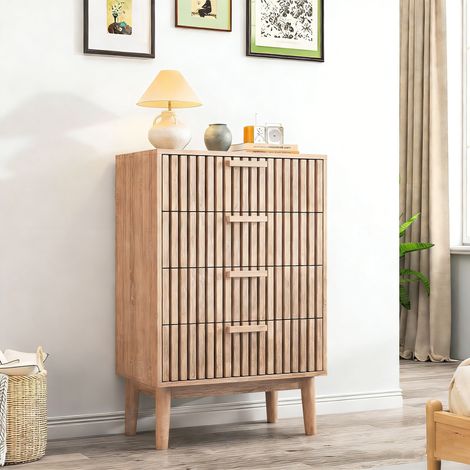 Commode 4 Tiroirs, Meuble de rangement, Buffet Salon en Bois, Armoire Chambre, Couleur naturelle, 60x34x91cm